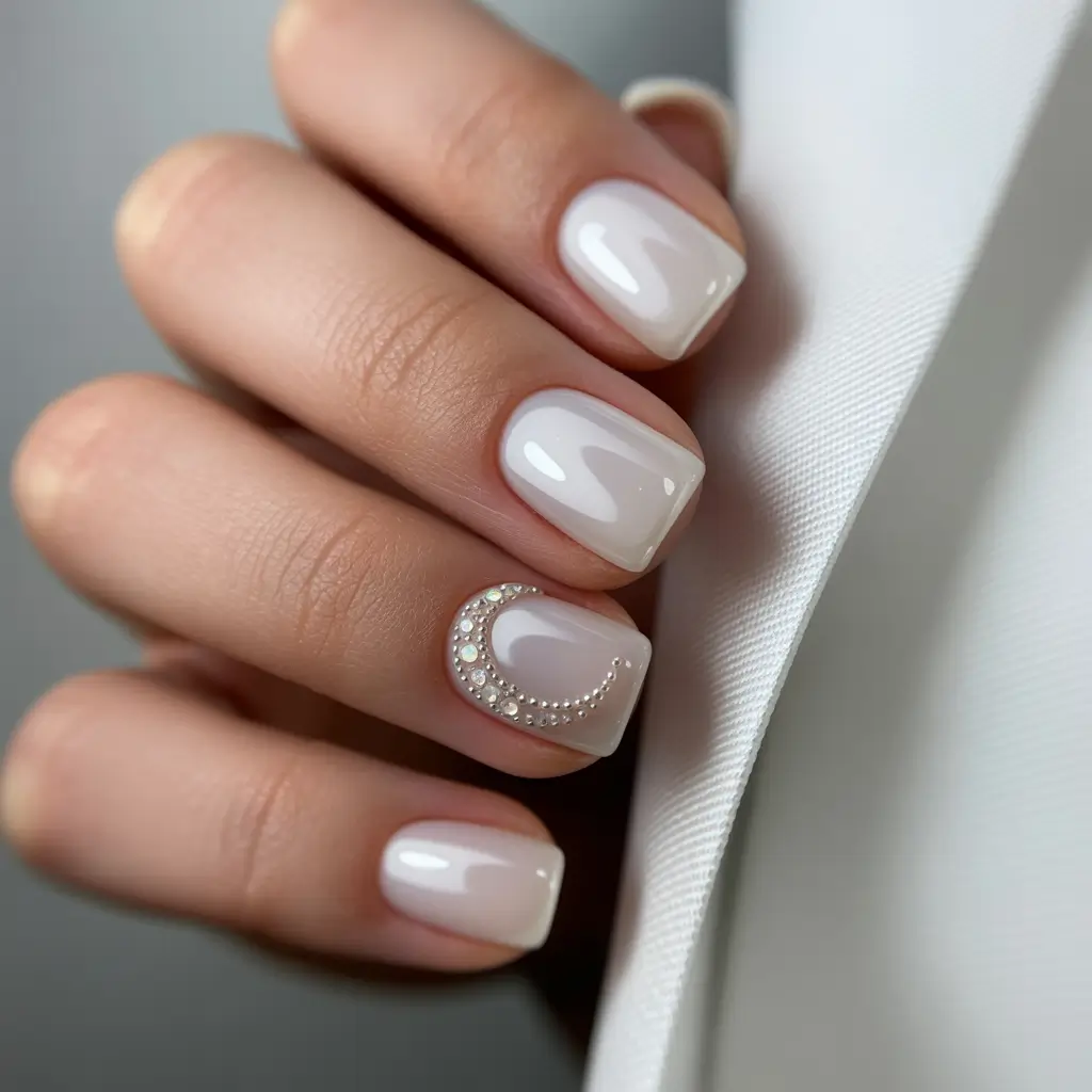 wedding nails 2026 Crystal Crescent on Milky Square Perfection