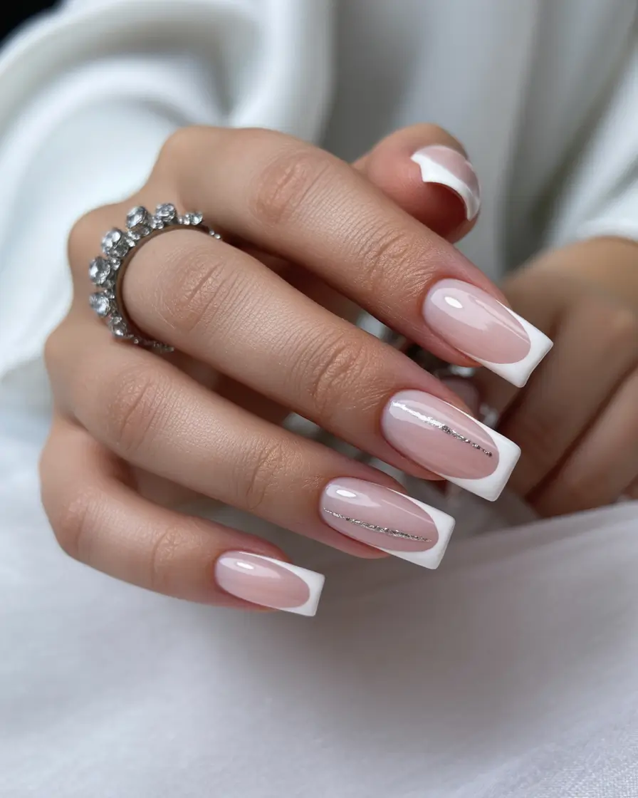 wedding nails 2026 Squared French Elegance with Silver Whisper