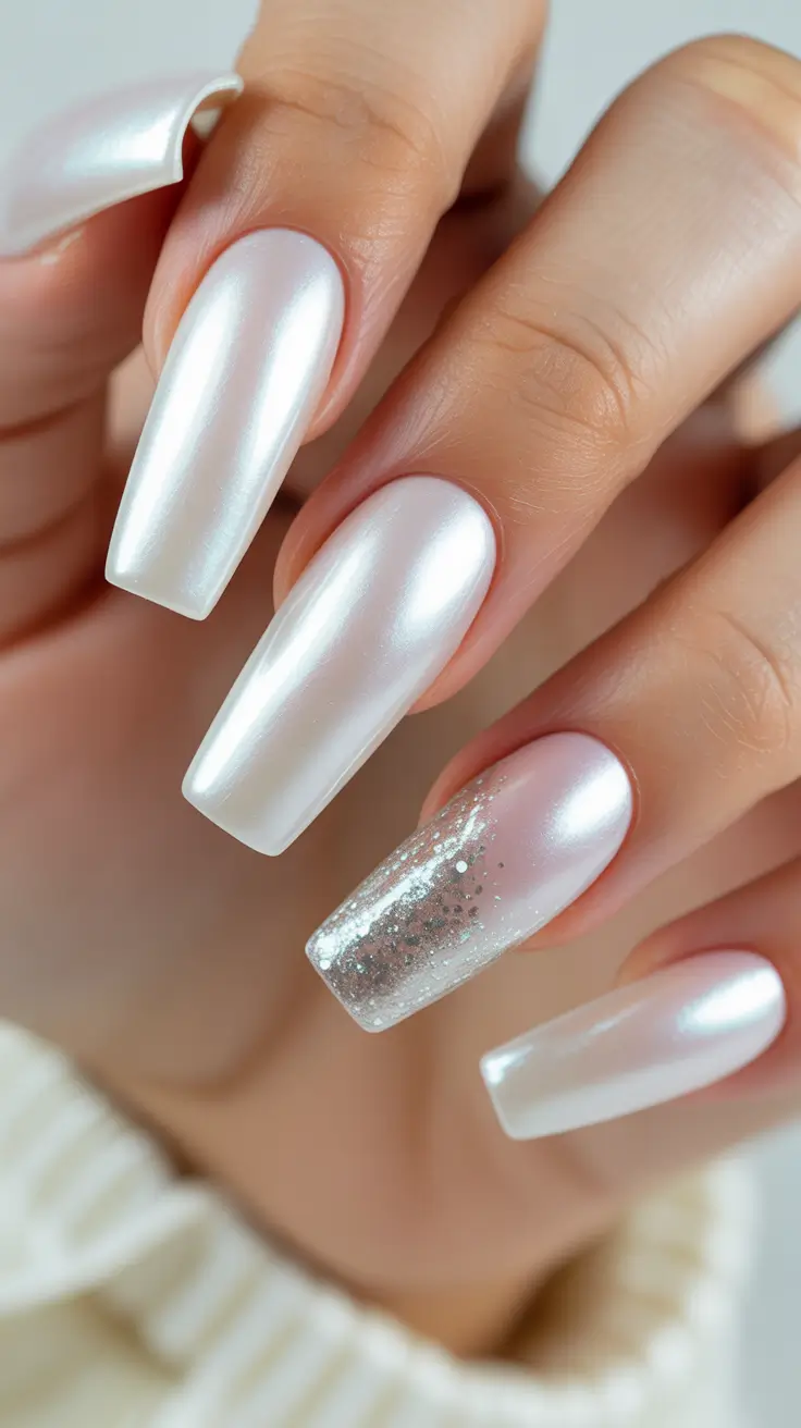 wedding nails 2026 Pearl Satin Coffin with Glitter Accent