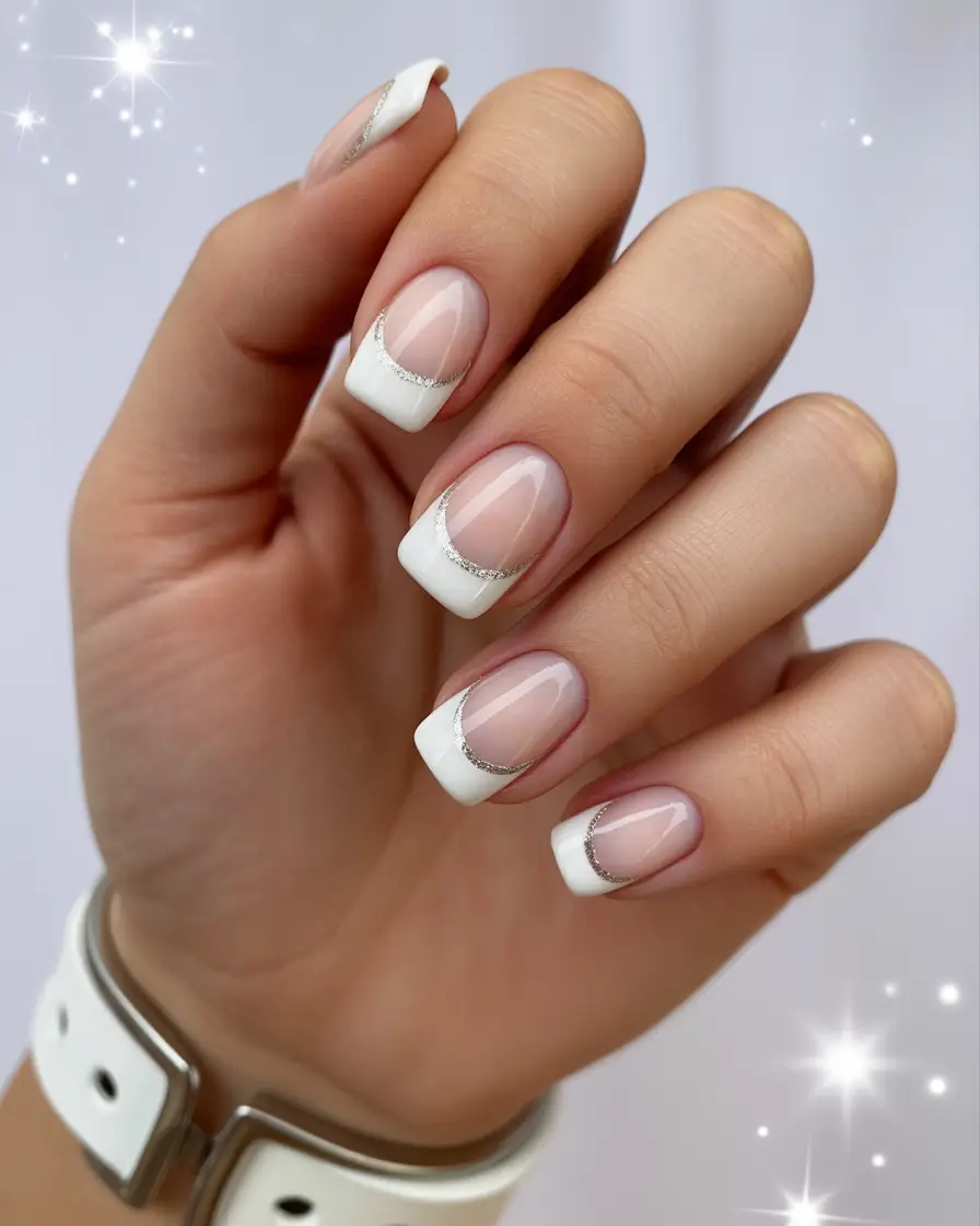 wedding nails 2026 Clean White Square With a Soft Metallic Curve