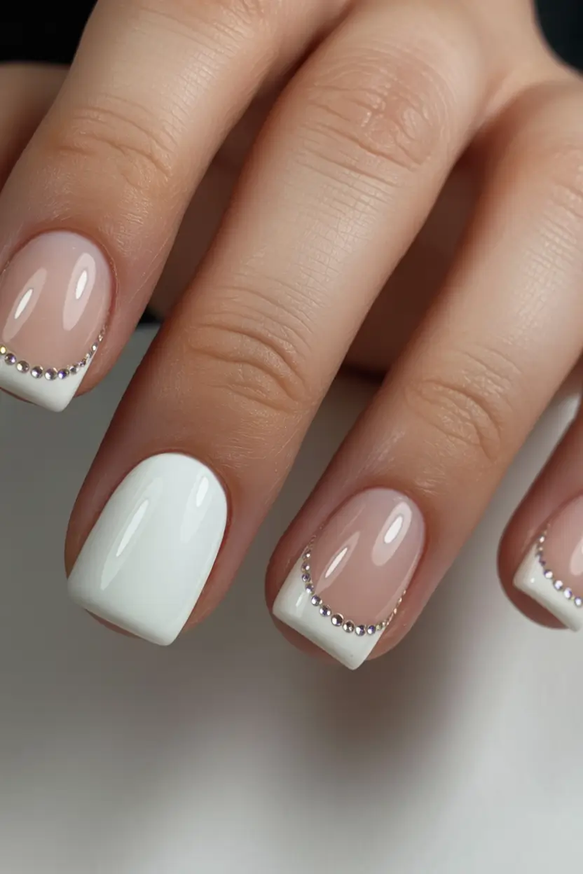 wedding nails 2026 Crystal Lined French Balance on Short Square Elegance