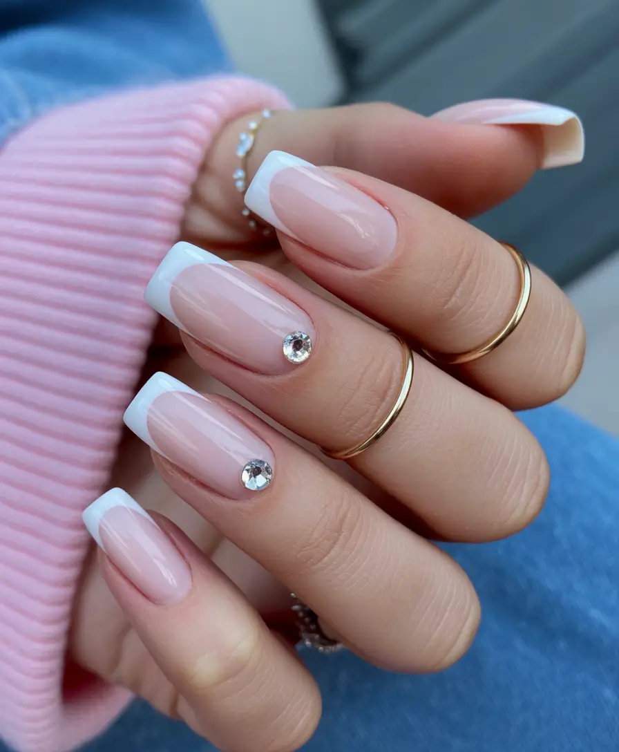 wedding nails 2026 Modern French With a Crystal Accent