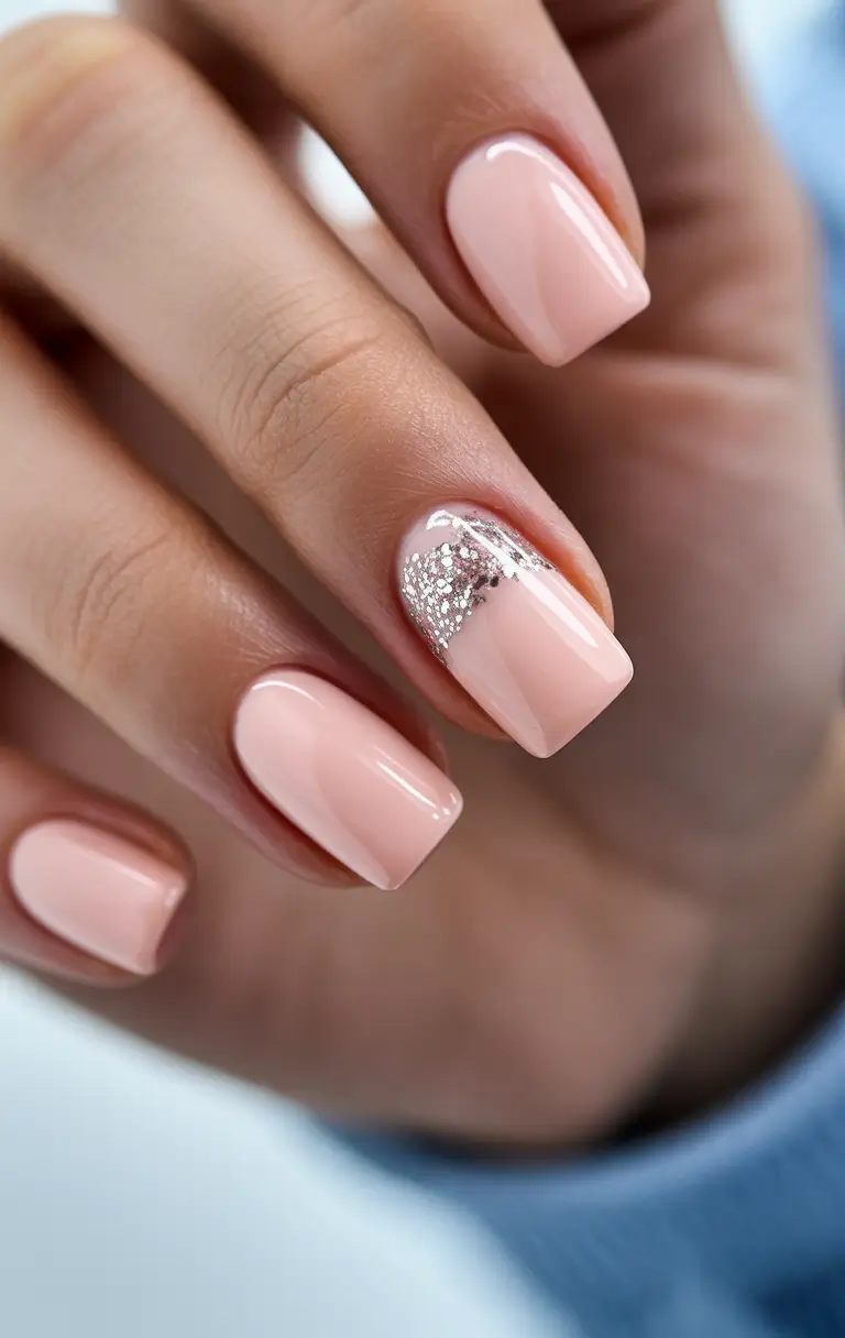 wedding nails 2026 Soft Pink With a Silver Shimmer Accent