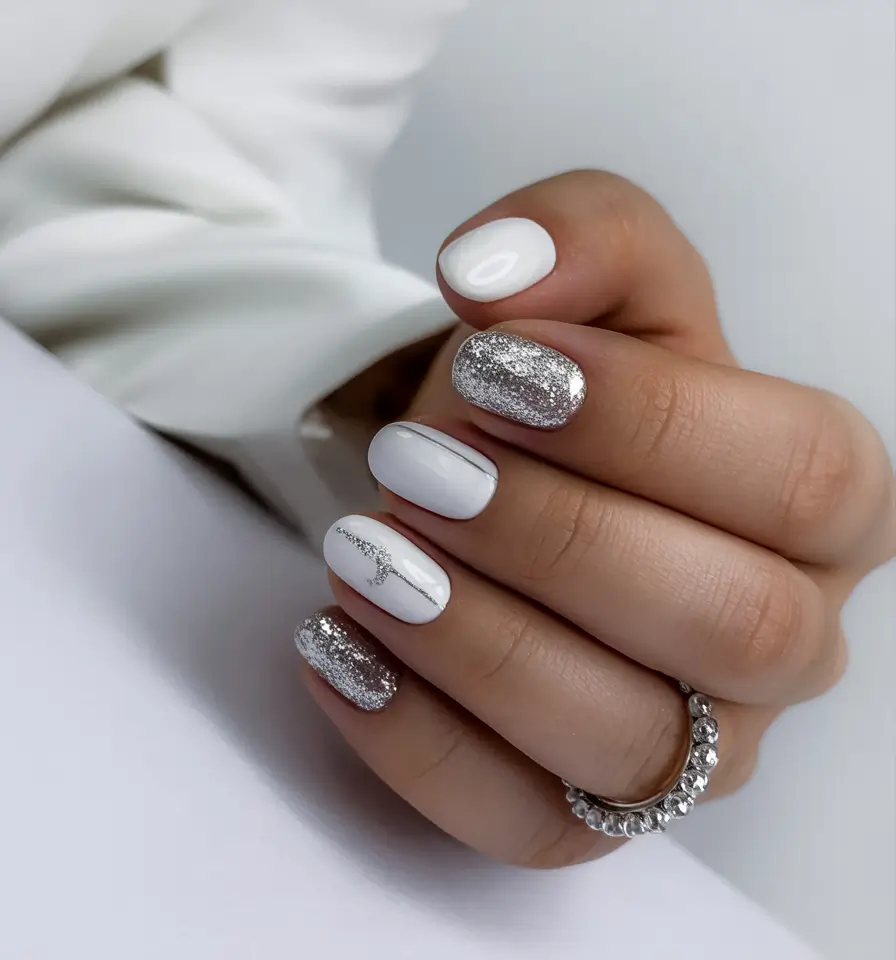 wedding nails 2026 White and Silver Shimmer with a Chic Short Shape