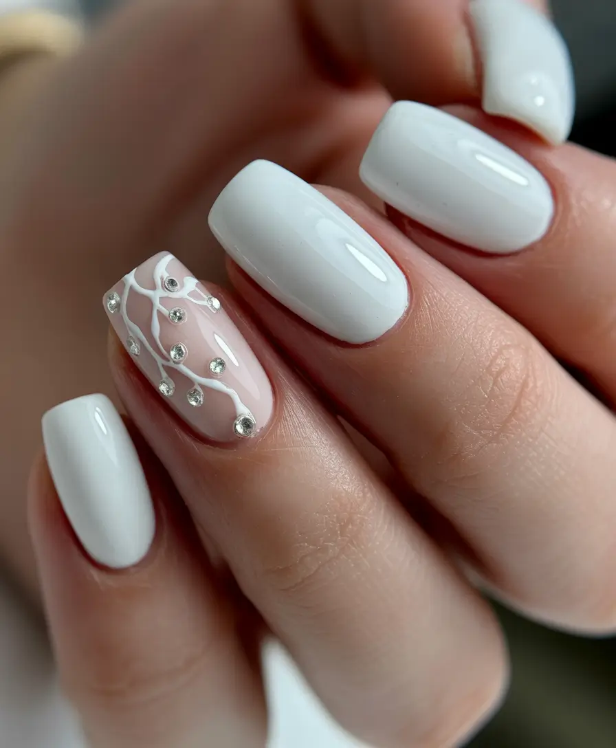 wedding nails 2026 Soft White Square with Crystal Branch Detail