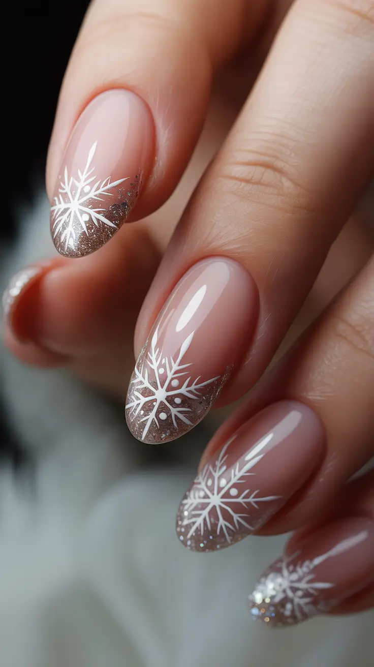 white nails 2026 Glittered Almond Snowflake Fade