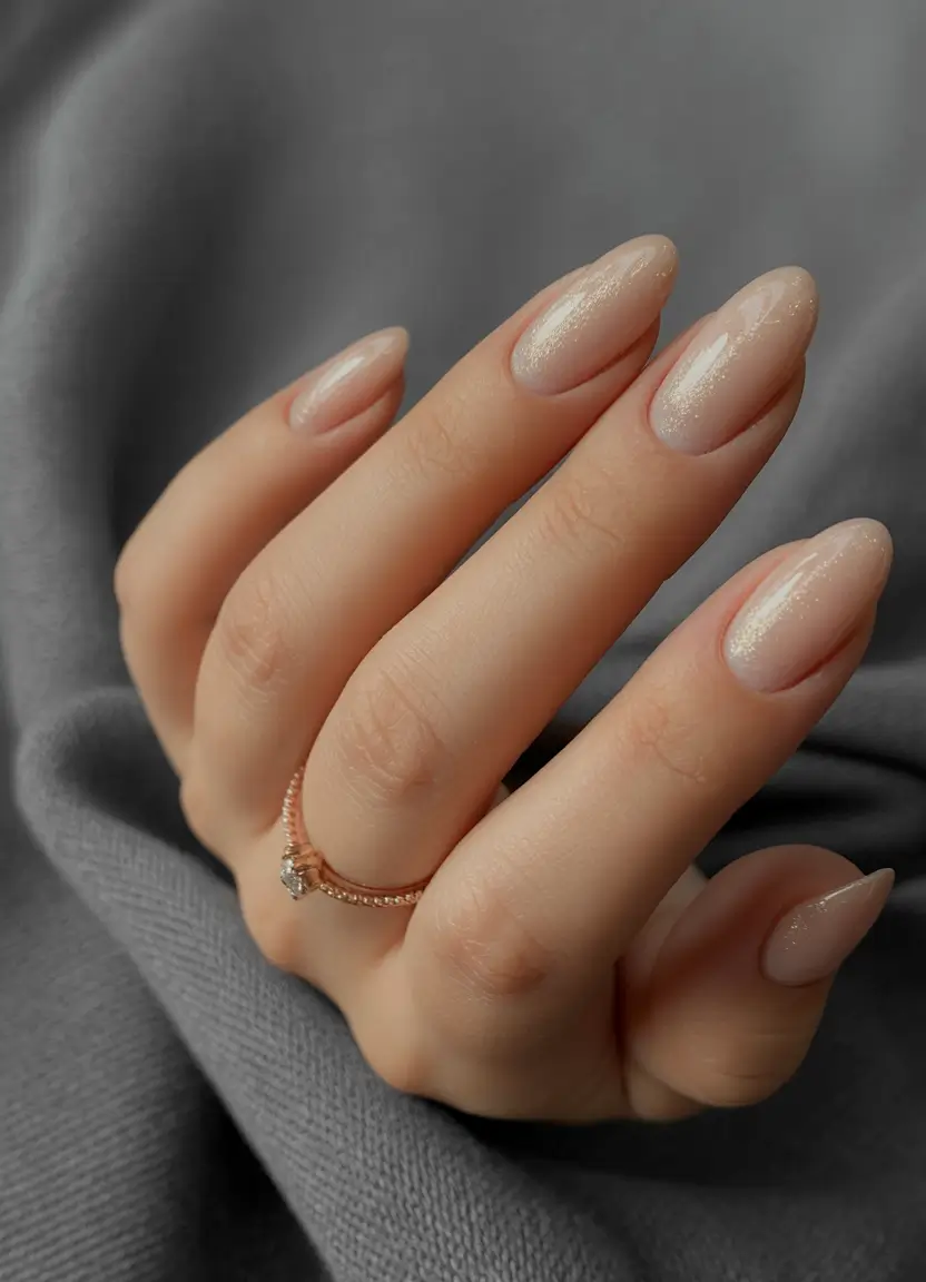 white nails 2026 Soft Champagne Shimmer Almond