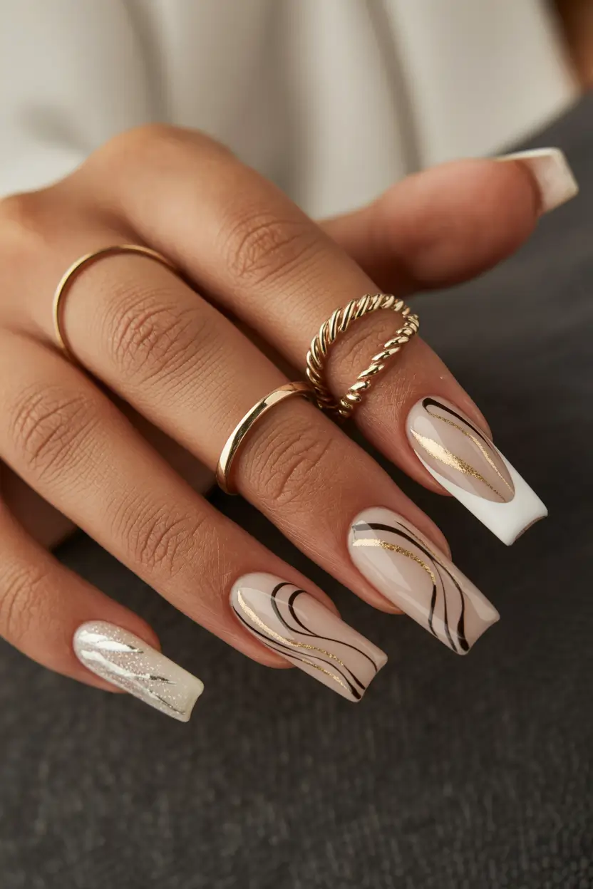 white nails 2026 Gold Wave Art Luxe