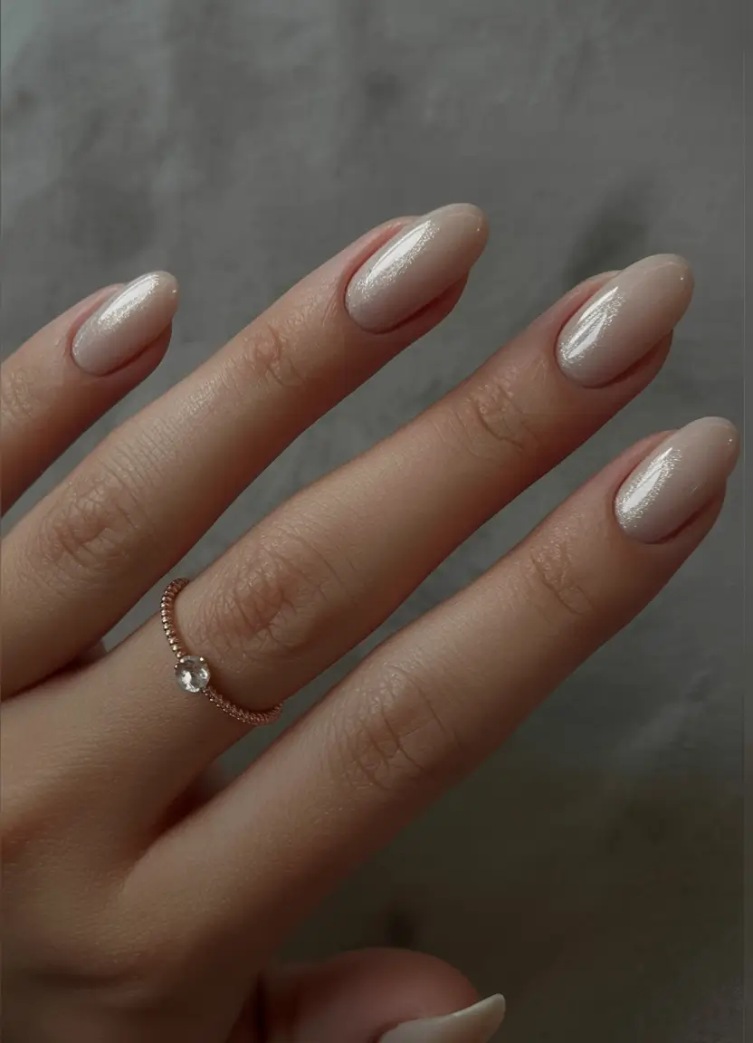 white nails 2026 Champagne Pearl Almond Glow