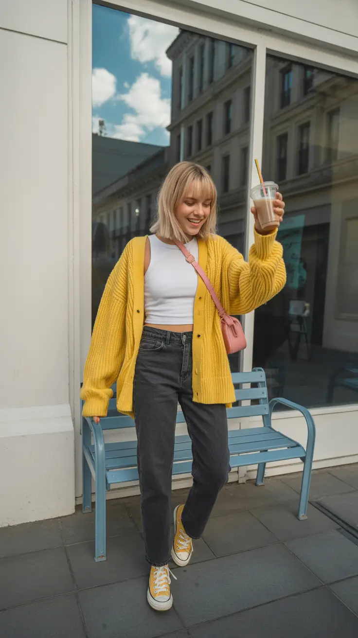 2026 top cold spring outfit Bright Cardigan Moments With Everyday Denim