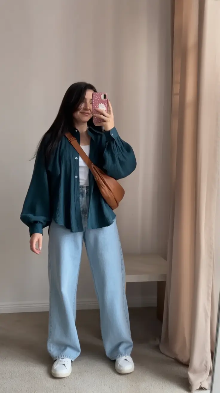 2026 top cold spring outfit Teal Overshirts With Easy Denim