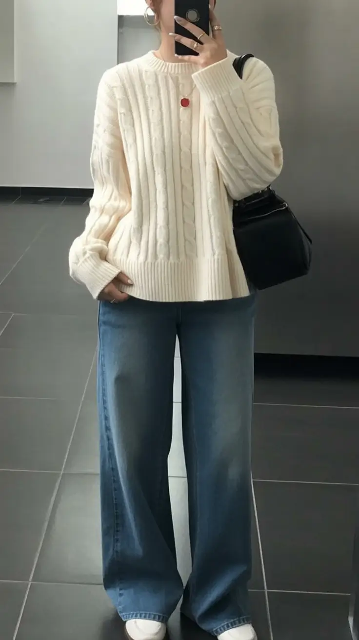 2026 top cold spring outfit Cable Knit Comfort With Wide Denim