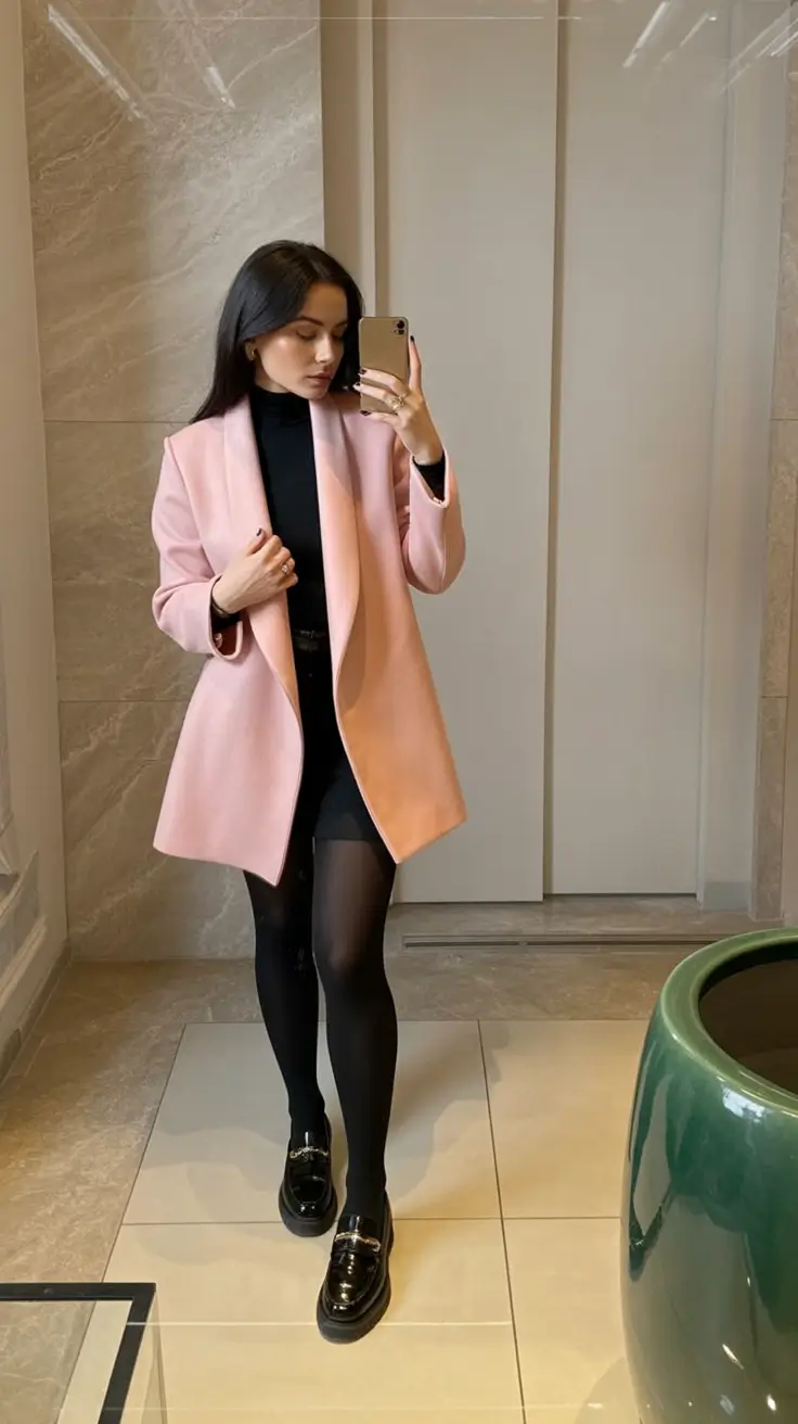 2026 top cold spring outfit Soft Pink Outerwear With Sleek Black Layers