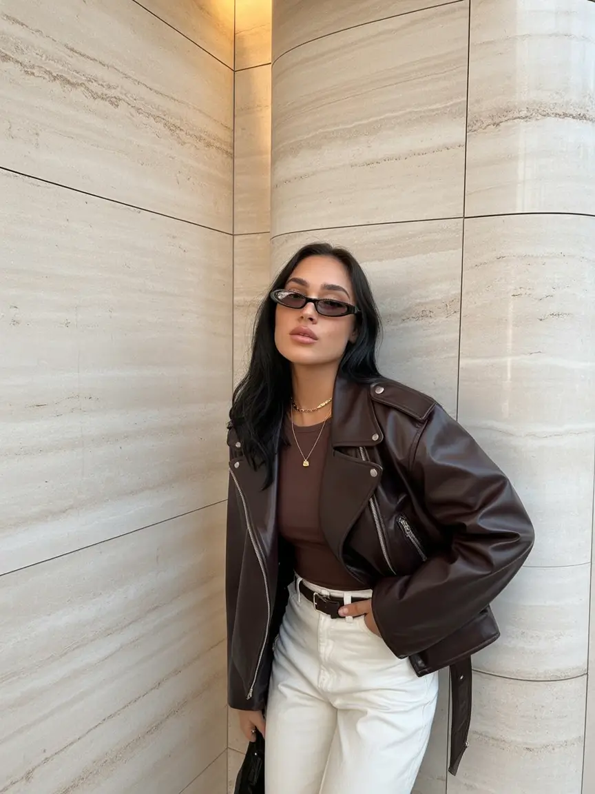 2026 top cold spring outfit Chocolate Leather With Clean White Denim