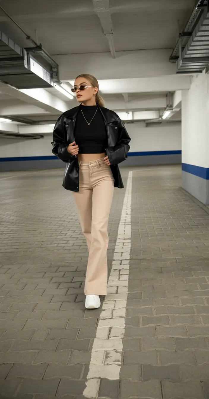 2026 top cold spring outfit Black Leather and Soft Neutrals