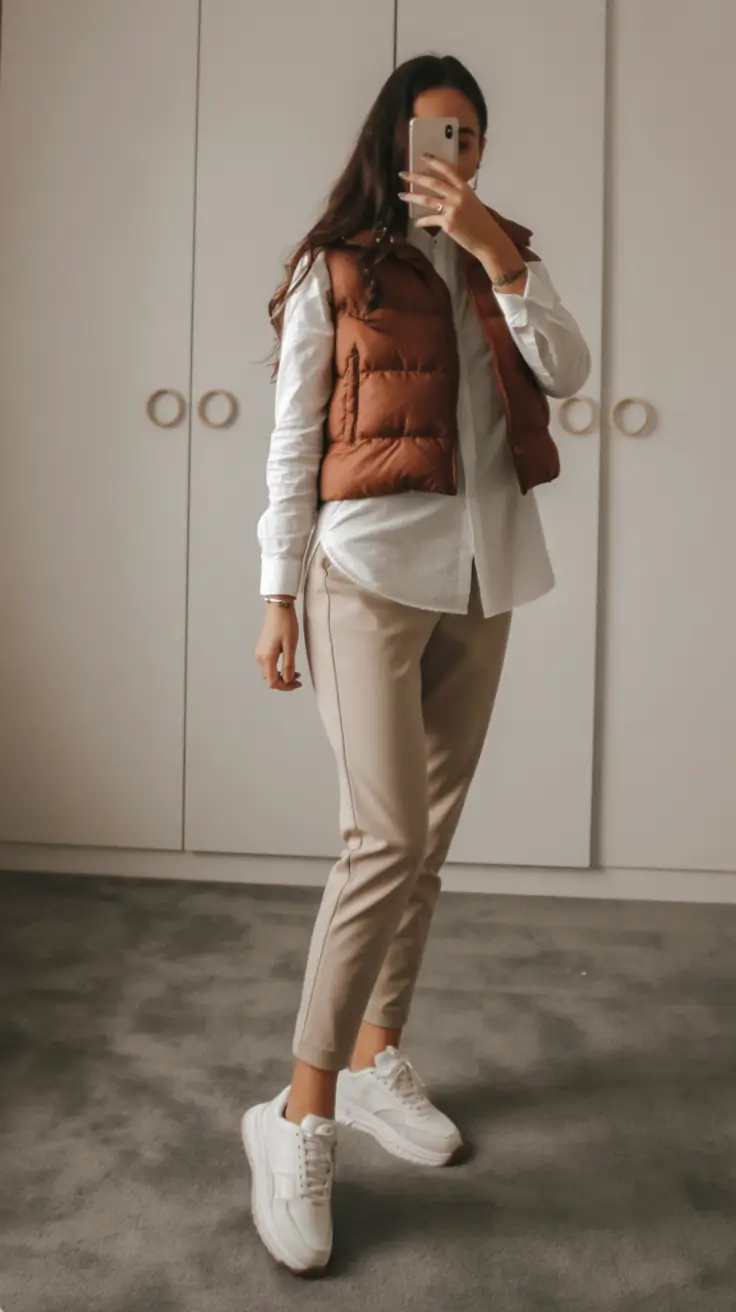 2026 top cold spring outfit Puffer Vests With Tailored Basics