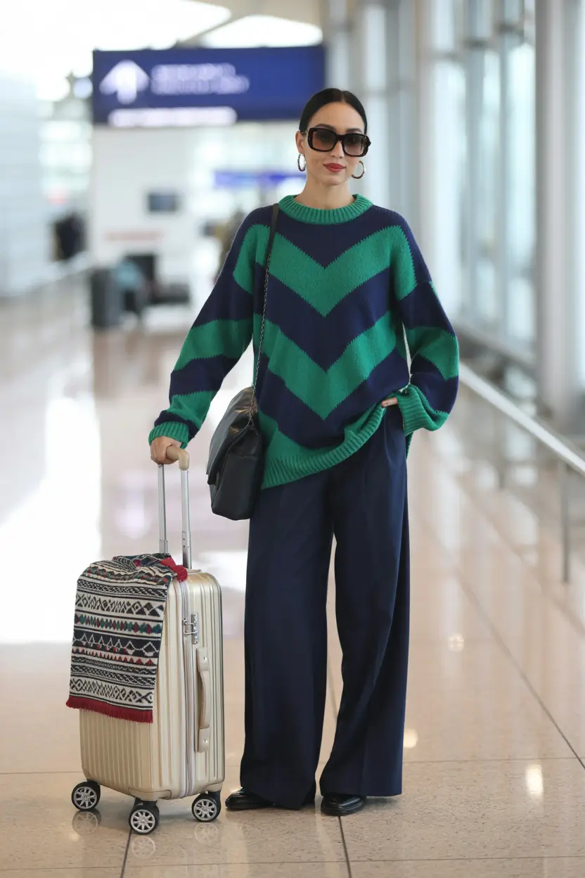 airport spring outfits ideas 2026 Chevron Knits with Relaxed Navy Classics