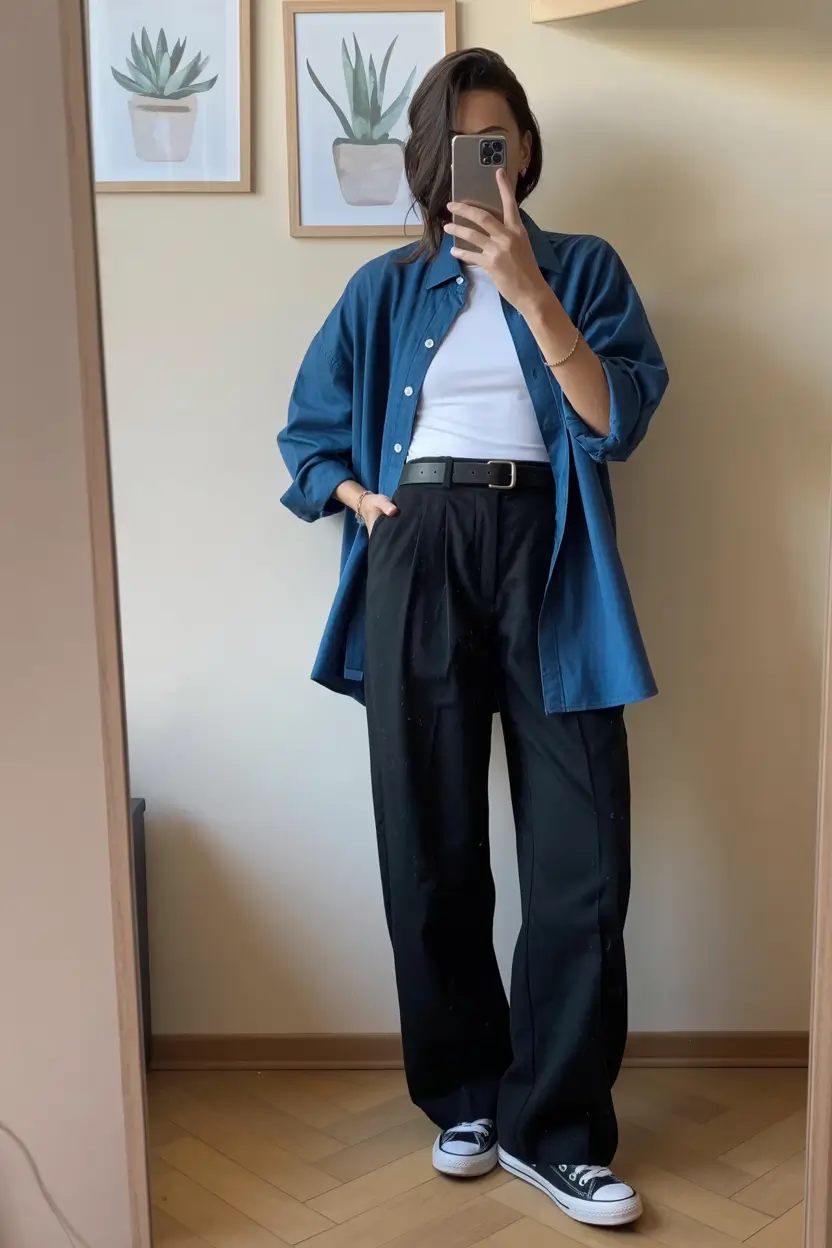 airport spring outfits ideas 2026 Deep Blue Layers with Tailored Black Staples