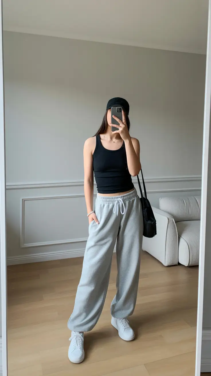 airport spring outfits ideas 2026 Monochrome Sporty Comfort with a Minimal Edge