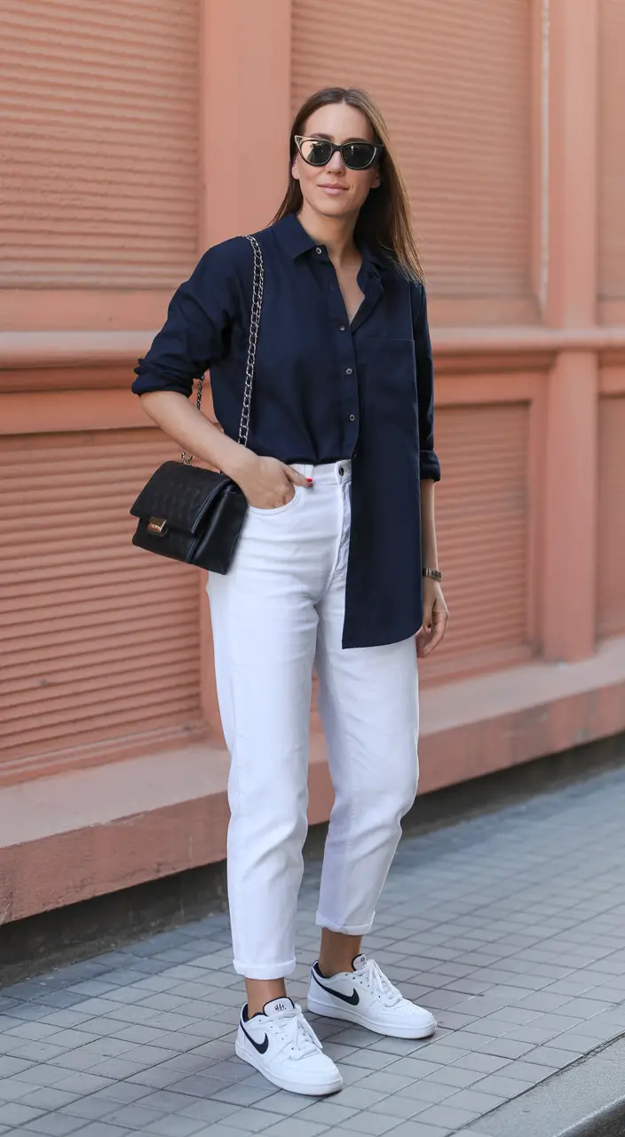 airport spring outfits ideas 2026 Navy and White Minimal Chic
