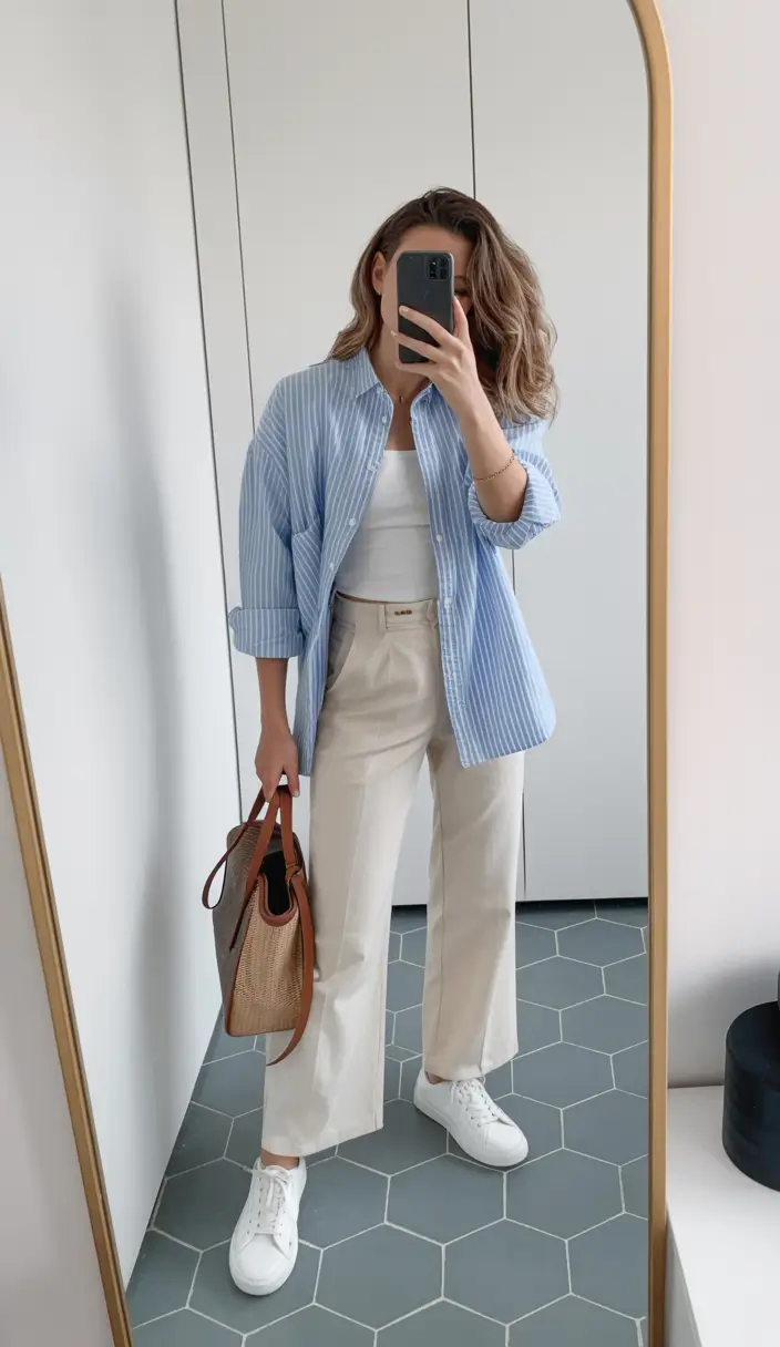 airport spring outfits ideas 2026 Striped Blues with Clean Neutrals