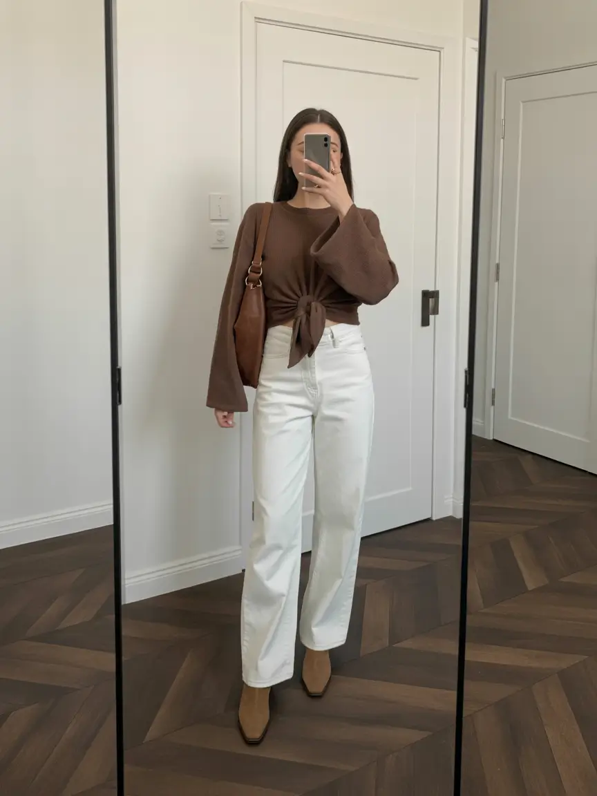 amazing casual spring outfits 2026 Warm Browns and Soft Whites for Cozy Spring Style