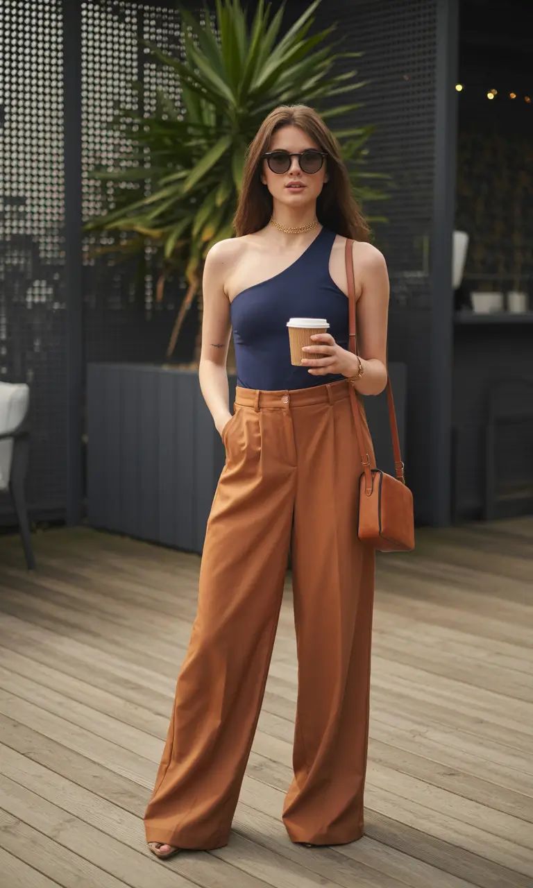 amazing casual spring outfits 2026 Navy One Shoulder Elegance with Warm Spring Tones