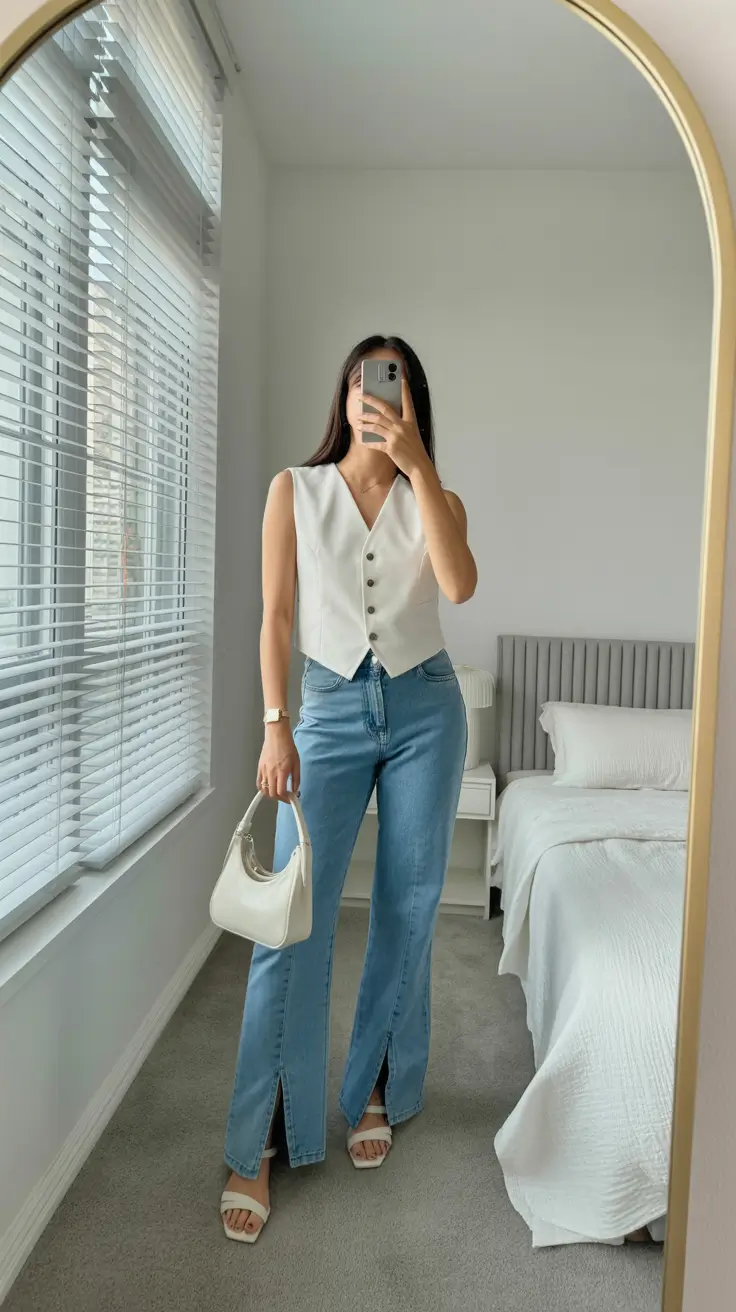 amazing casual spring outfits 2026 White Vest and Split Hem Denim for Clean Spring Structure