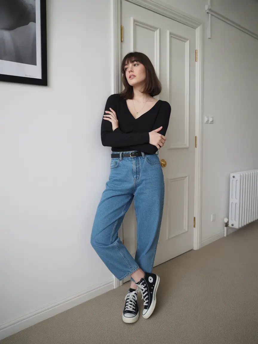 amazing casual spring outfits 2026 Soft Black Knit and Relaxed Denim for Everyday Balance