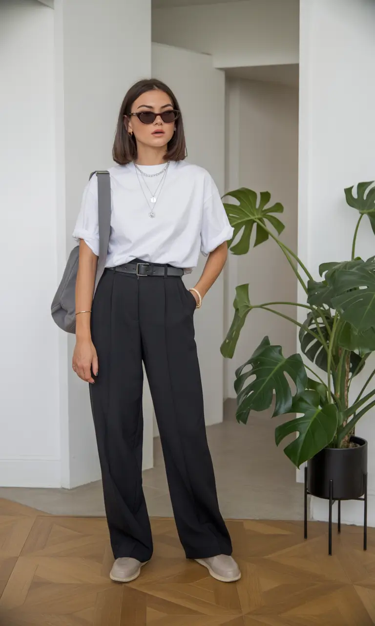 amazing casual spring outfits 2026 Relaxed White Tee and Tailored Trousers for Casual Spring Refinement