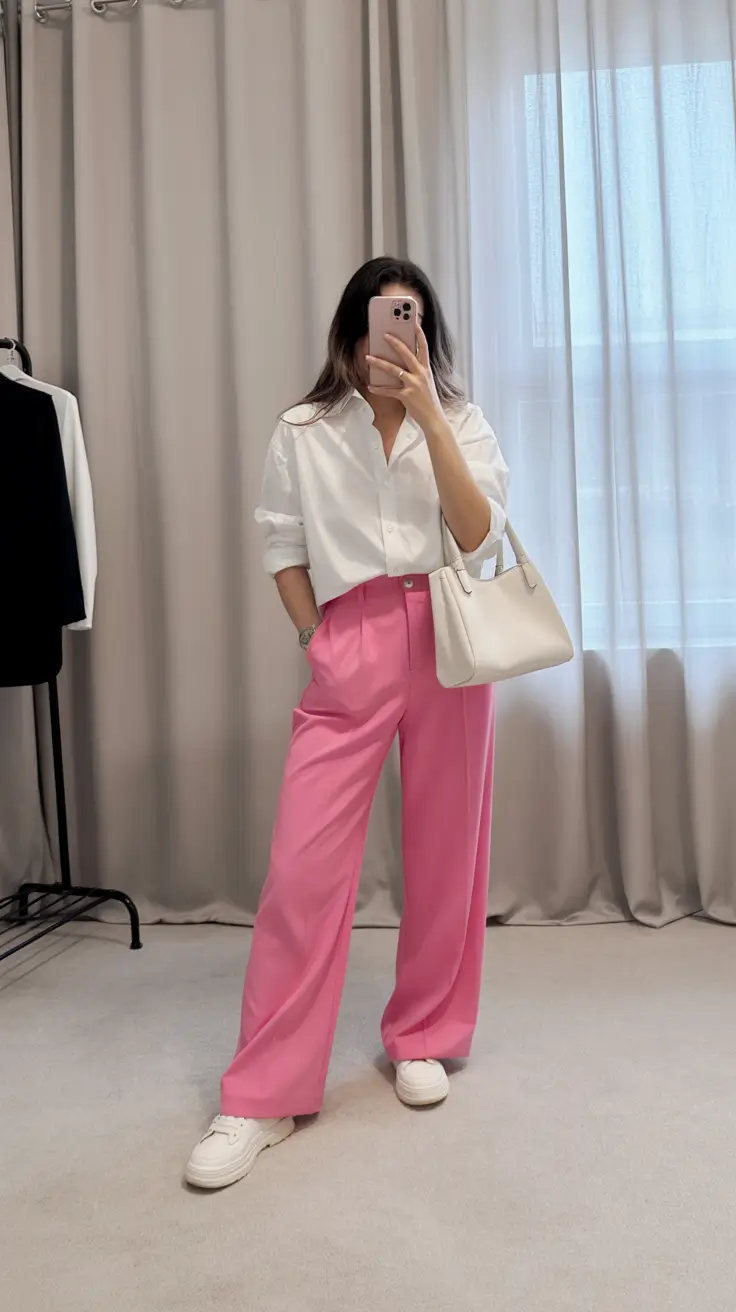 amazing casual spring outfits 2026 Pink Trousers with Crisp Everyday Structure