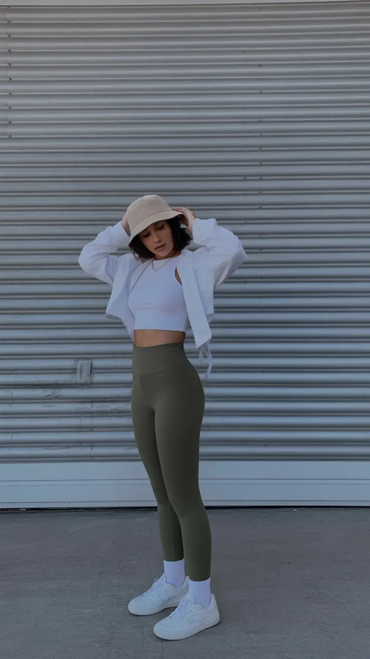 athletic spring workout outfits 2026 Olive and White Urban Spring Layering Fit