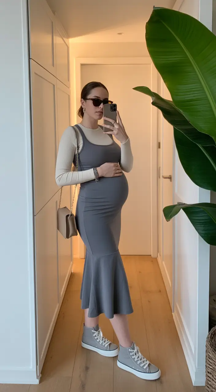 basic spring outfit for pregnant women 2026 Layered Gray For Soft Urban Spring Style