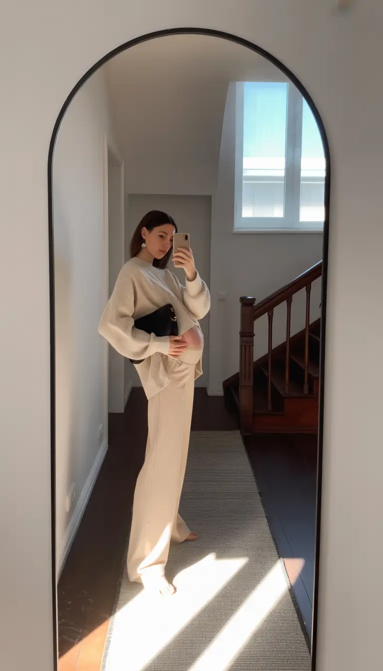 basic spring outfit for pregnant women 2026 Monochrome Comfort For Slow Spring Mornings