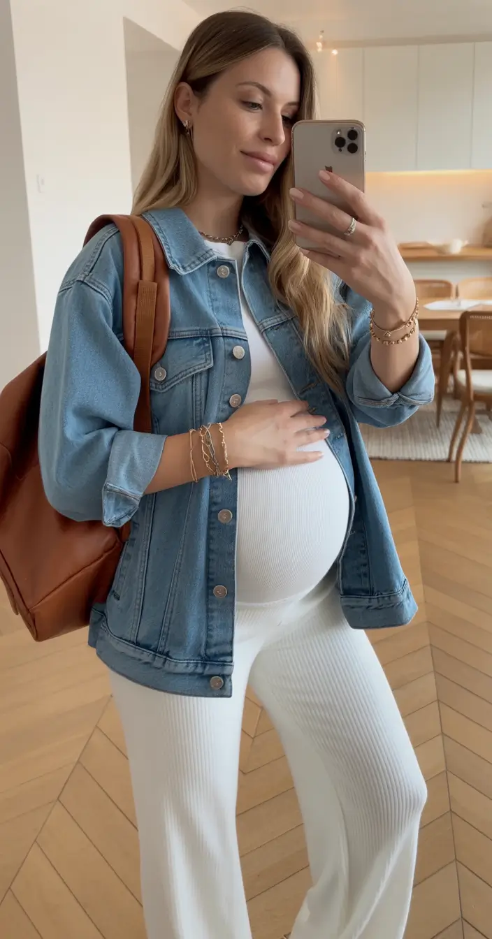 basic spring outfit for pregnant women 2026 Clean Whites With Denim Freshness