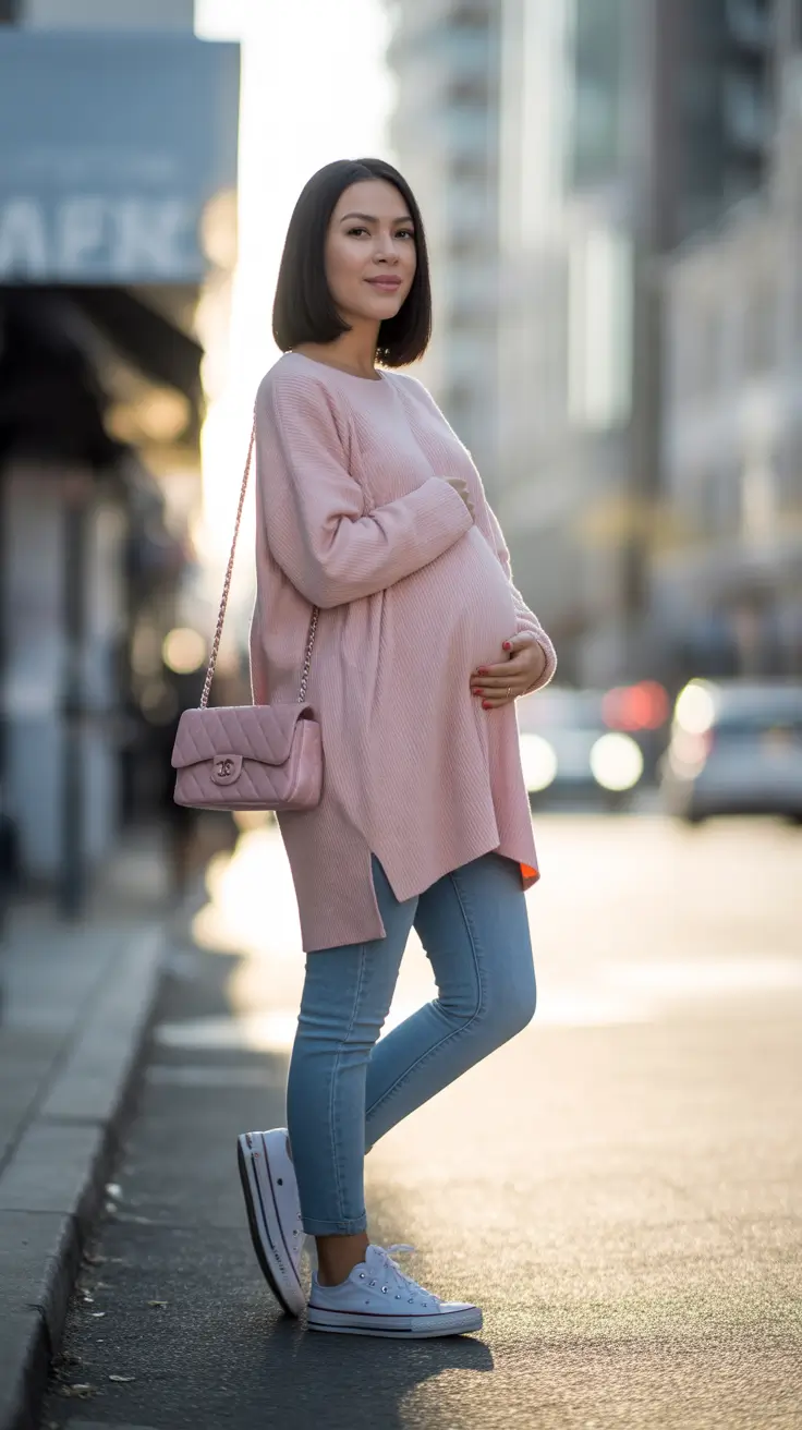 basic spring outfit for pregnant women 2026 Soft Pink Layers For Sweet Urban Spring Moments