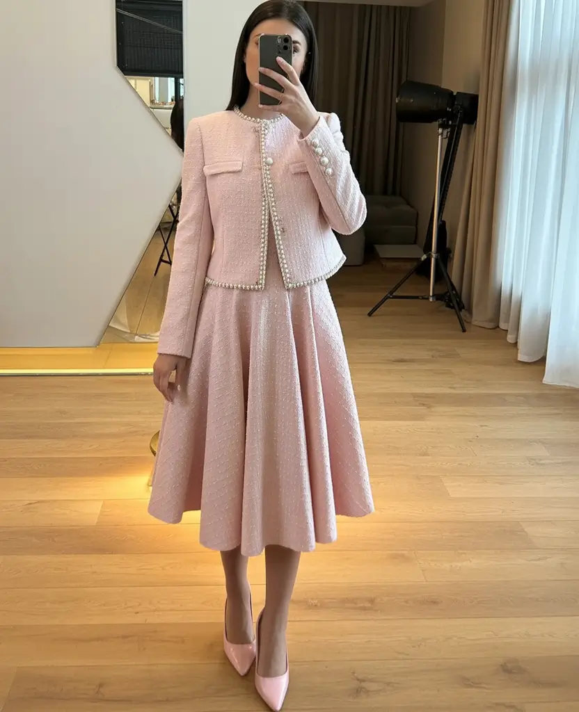 beautiful spring wedding outfit 2026 Powder Pink Tailored Romance with Pearl Accents