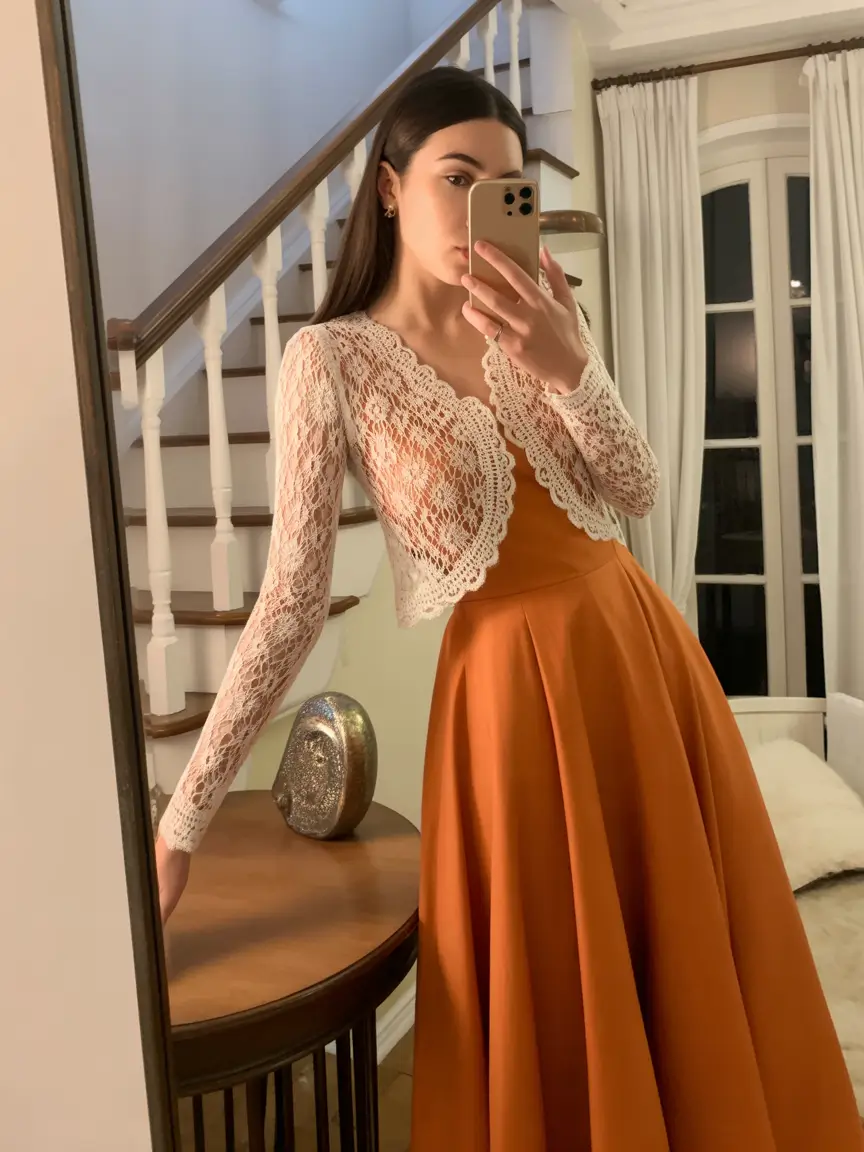 beautiful spring wedding outfit 2026 Burnt Orange Grace with Delicate Crochet Warmth