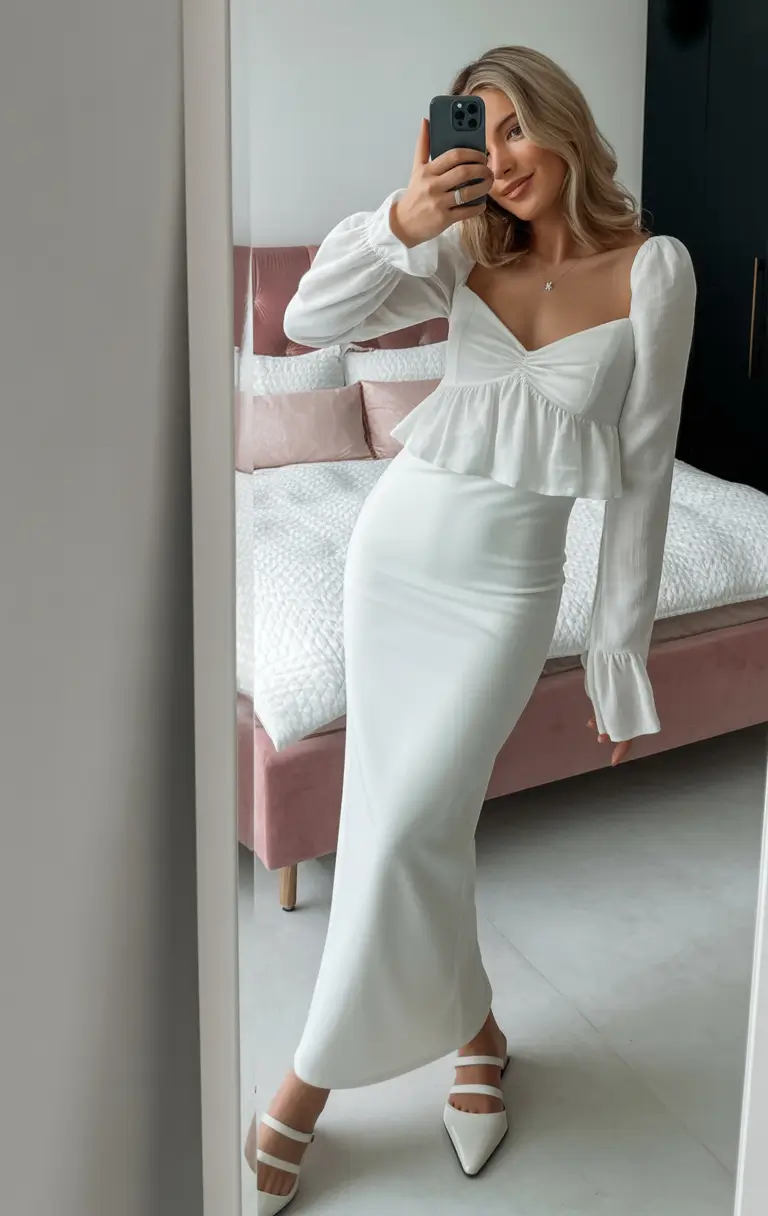 beautiful spring wedding outfit 2026 White Modern Ruffle Elegance with Clean Lines