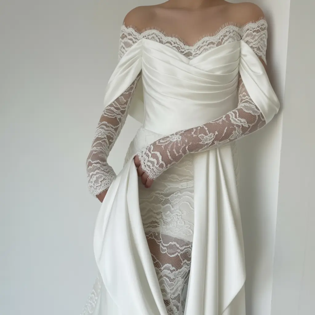beautiful spring wedding outfit 2026 Layered Lace Serenity with Soft Draped Drama