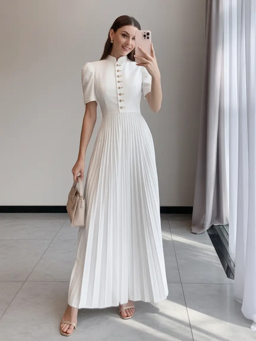 beautiful spring wedding outfit 2026 Crisp Pleated Elegance with Timeless Grace