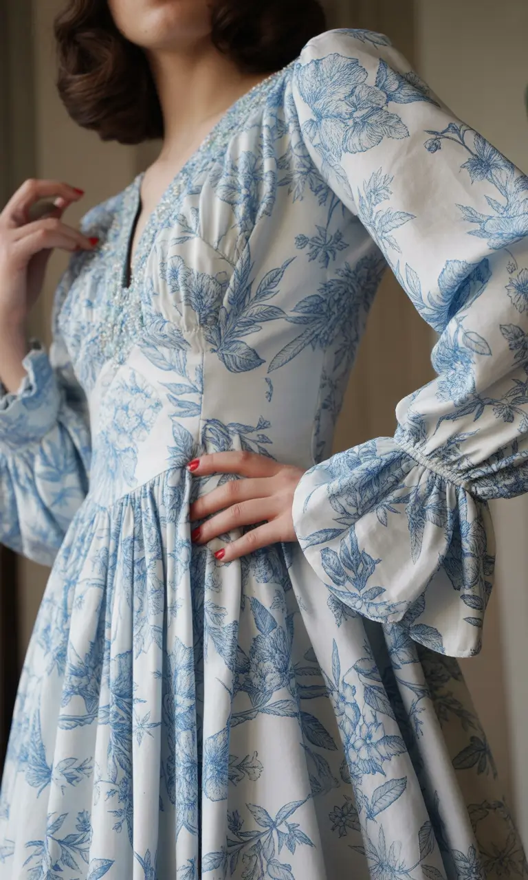 beautiful spring wedding outfit 2026 Blue Garden Etching with Vintage Softness