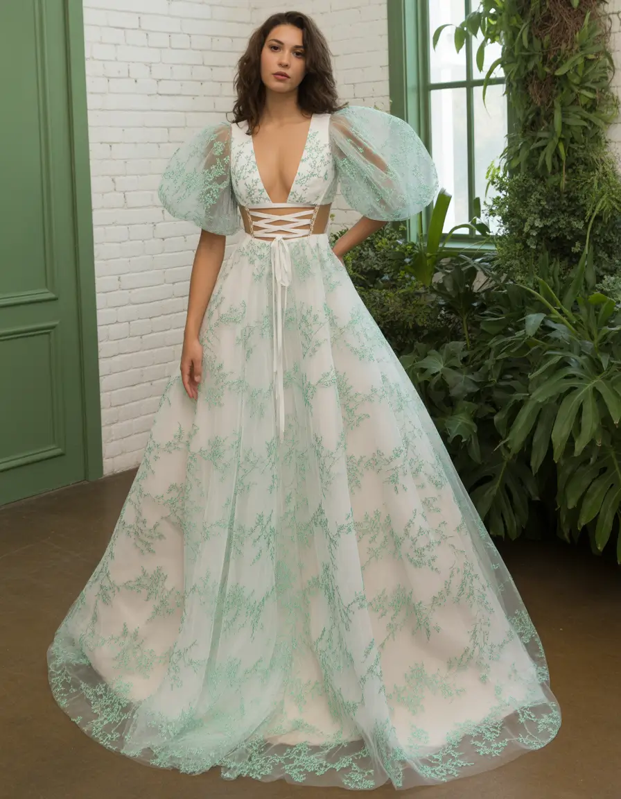 beautiful spring wedding outfit 2026 Mint Lace Daydream with Fairytale Volume