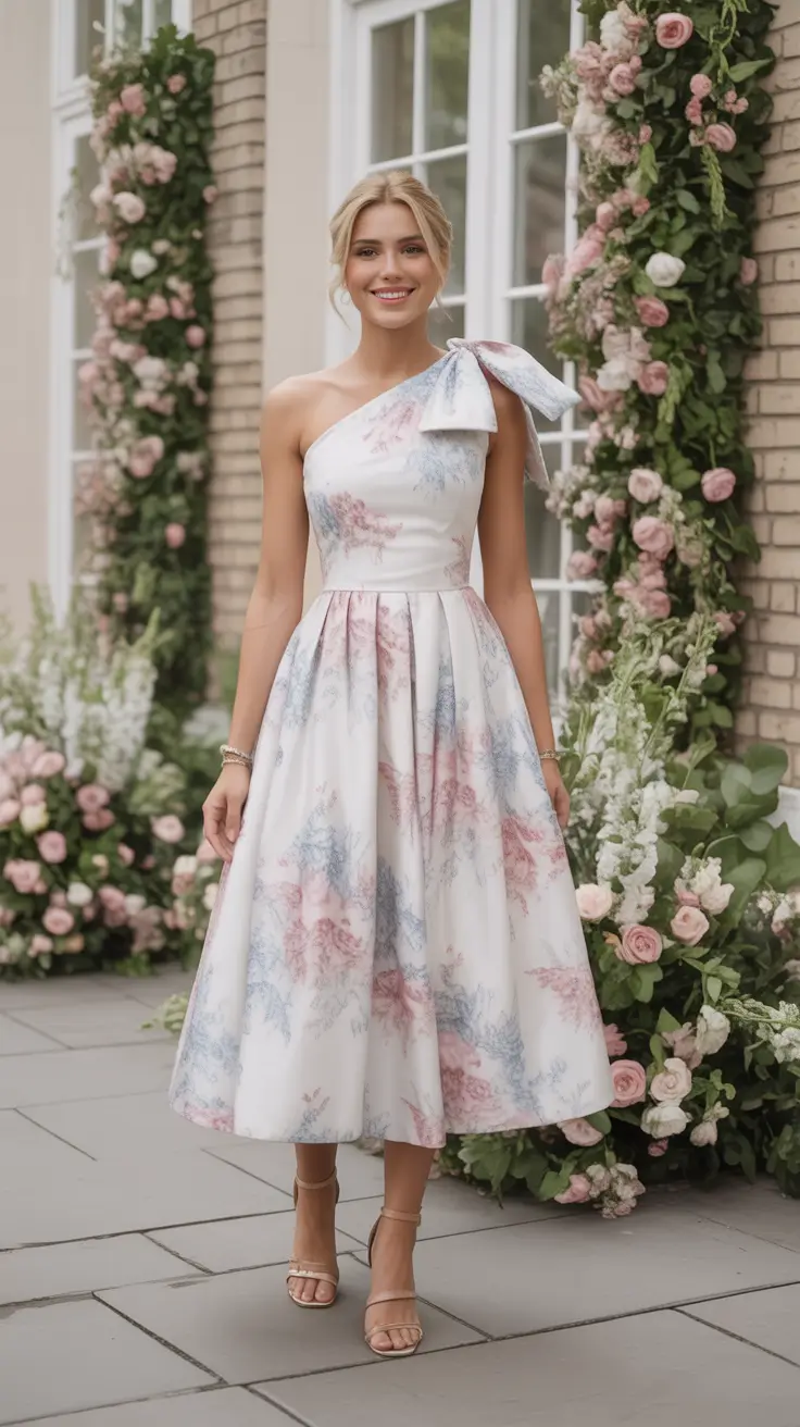 beautiful spring wedding outfit 2026 Garden Bloom Elegance with One-Shoulder Grace