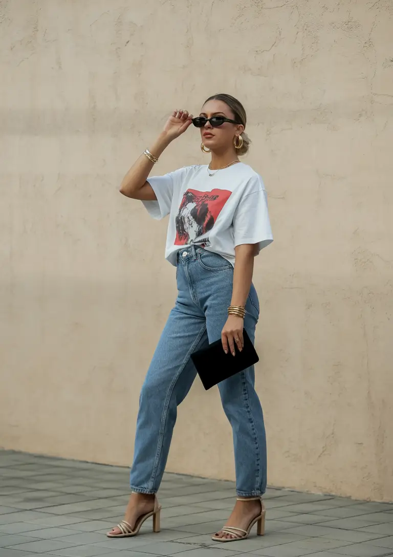 best denim spring outfits 2026 Graphic tee with classic tapered denim and heels