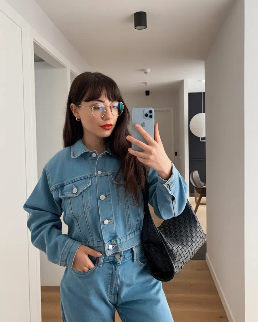 best denim spring outfits 2026 Double denim with a structured cropped jacket