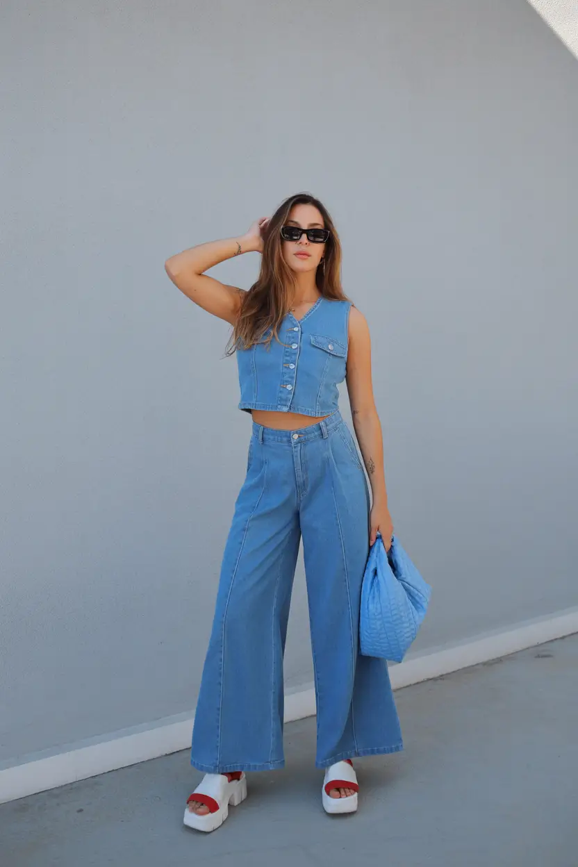 best denim spring outfits 2026 Matching denim vest and wide leg jeans