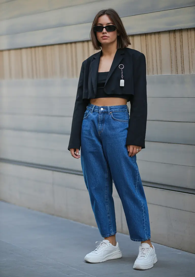best denim spring outfits 2026 Black crop blazer energy with dark blue denim