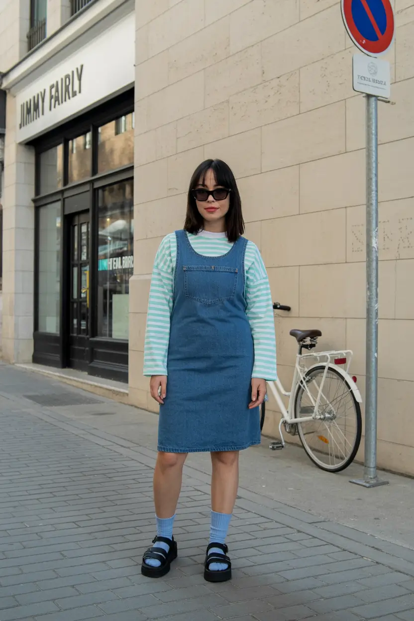 best denim spring outfits 2026 Striped spring layering with a denim pinafore