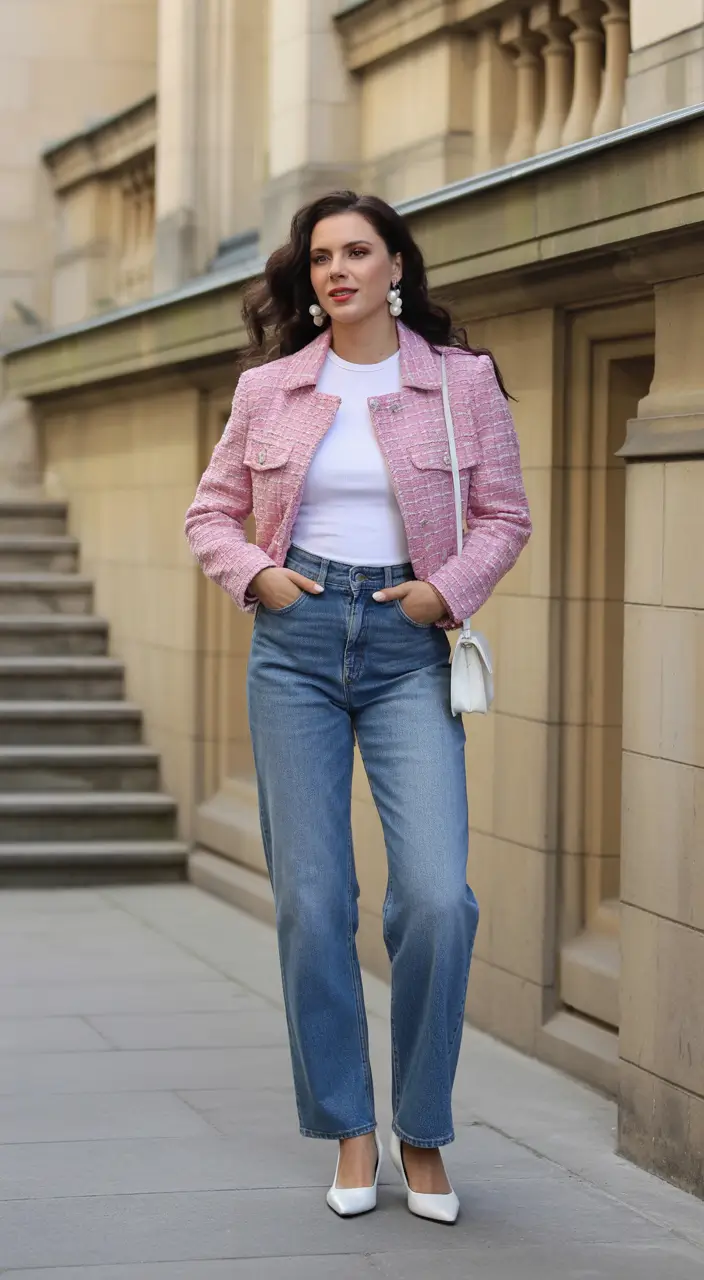 best denim spring outfits 2026 Soft pink tweed with classic spring denim elegance